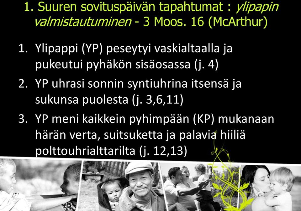 YP uhrasi sonnin syntiuhrina itsensä ja sukunsa puolesta (j. 3,6,11) 3.