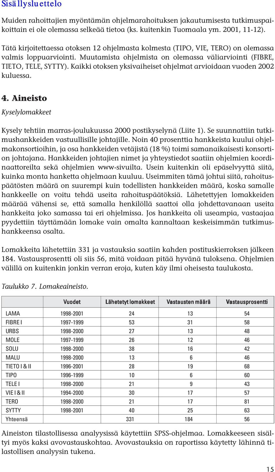 Kaikki otoksen yksivaiheiset ohjelmat arvioidaan vuoden 2002 kuluessa. 4. Aineisto Kyselylomakkeet Kysely tehtiin marras-joulukuussa 2000 postikyselynä (Liite 1).