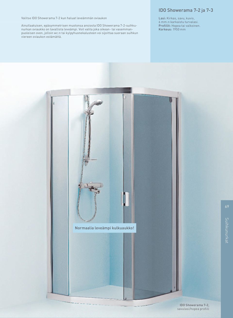Voit valita joka oikean- tai vasemmanpuoleisen oven, jolloin wc:n tai kylpyhuonekalusteen voi sijoittaa suoraan suihkun viereen