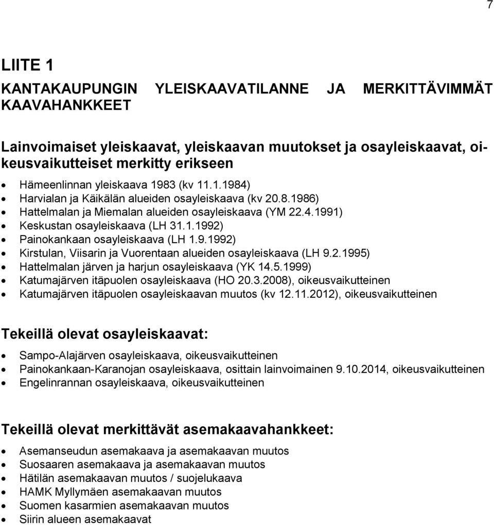 9.1992) Kirstulan, Viisarin ja Vuorentaan alueiden osayleiskaava (LH 9.2.1995) Hattelmalan järven ja harjun osayleiskaava (YK 14.5.1999) Katumajärven itäpuolen osayleiskaava (HO 20.3.