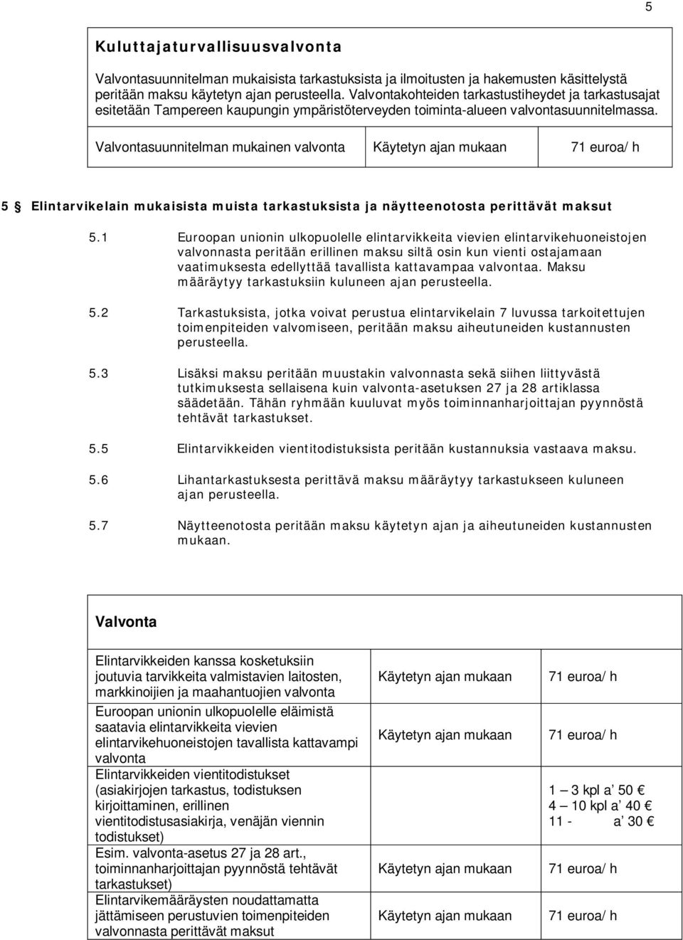 Valvontasuunnitelman mukainen valvonta 5 Elintarvikelain mukaisista muista tarkastuksista ja näytteenotosta perittävät maksut 5.
