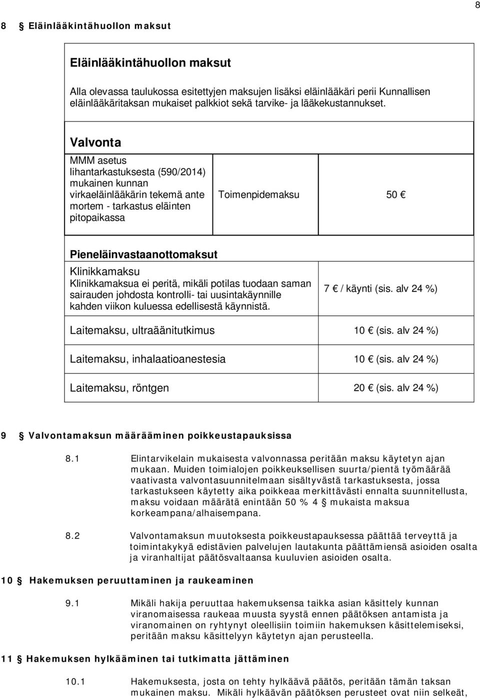 Valvonta MMM asetus lihantarkastuksesta (590/2014) mukainen kunnan virkaeläinlääkärin tekemä ante mortem - tarkastus eläinten pitopaikassa Toimenpidemaksu 50 Pieneläinvastaanottomaksut Klinikkamaksu