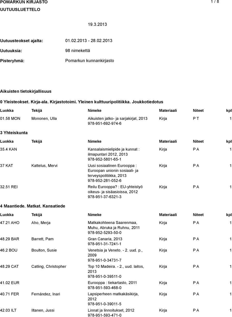 4 KAN Kansalaismielipide ja kunnat : ilmapuntari 202, 203 978-952-580-65- 37 KAT Kattelus, Mervi Uusi sosiaalinen Eurooppa : Euroopan unionin sosiaali- ja terveyspolitiikka, 203 978-952-28-052-6 32.