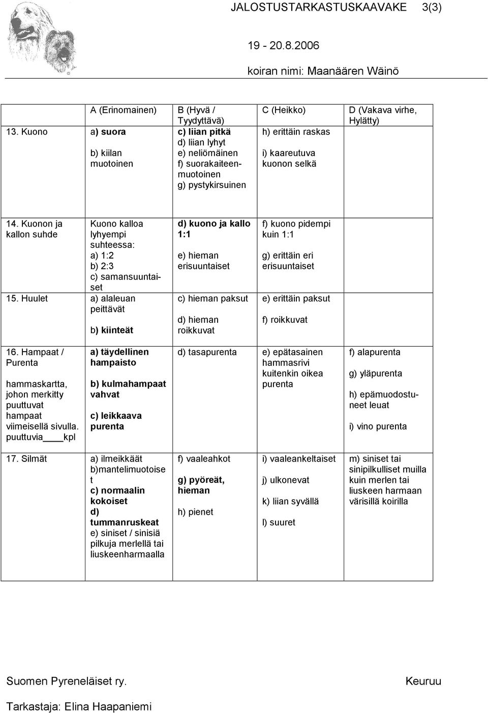 Kuonon ja kallon suhde Kuono kalloa lyhyempi suhteessa: a) 1:2 b) 2:3 c) samansuuntaiset 15.