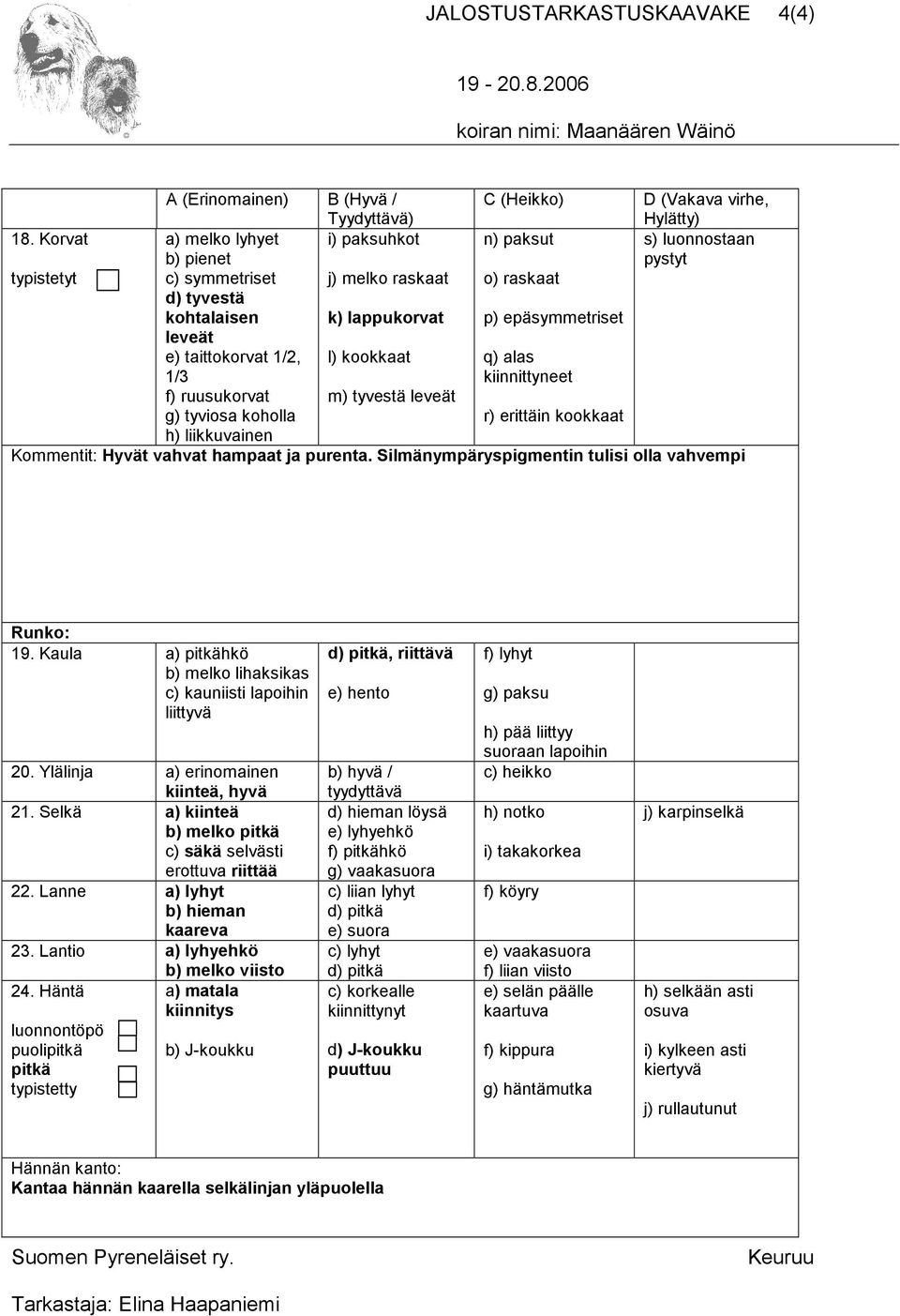 liikkuvainen j) melko raskaat k) lappukorvat l) kookkaat m) tyvestä leveät o) raskaat p) epäsymmetriset q) alas kiinnittyneet r) erittäin kookkaat Kommentit: Hyvät vahvat hampaat ja purenta.