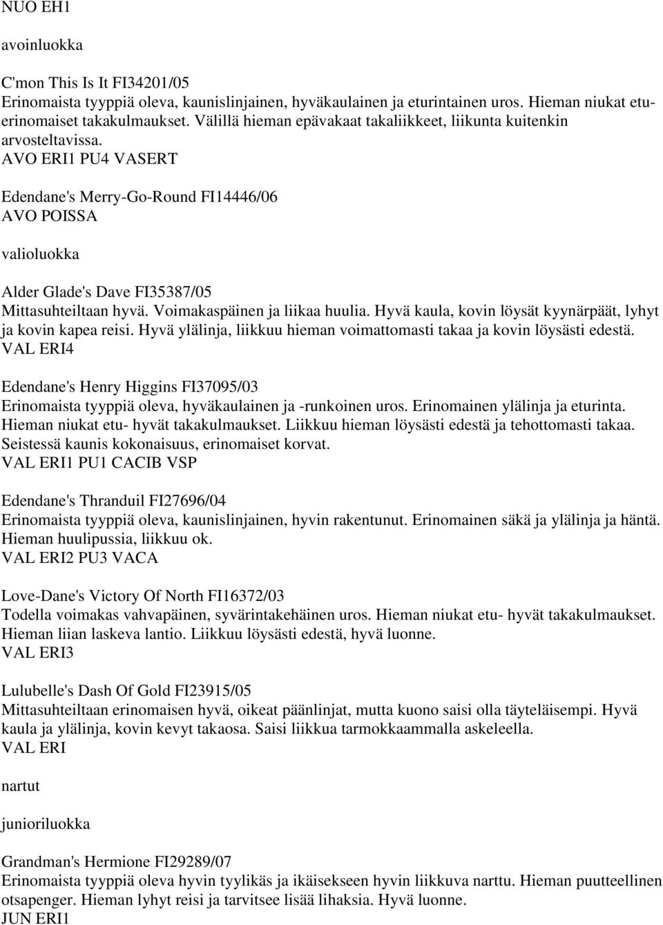 AVO ERI1 PU4 VASERT Edendane's Merry-Go-Round FI14446/06 AVO POISSA valioluokka Alder Glade's Dave FI35387/05 Mittasuhteiltaan hyvä. Voimakaspäinen ja liikaa huulia.