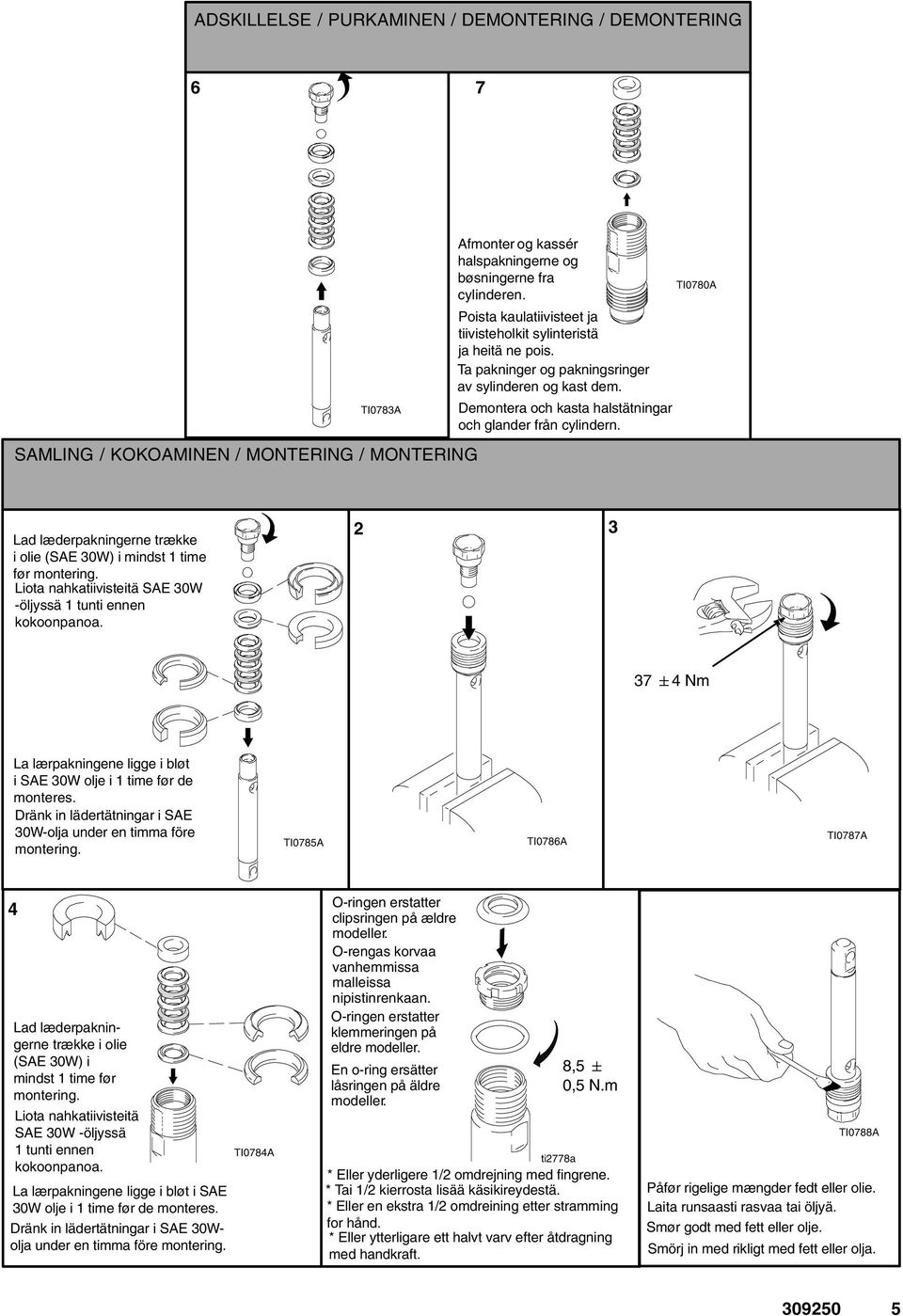 4 TI0780A Lad læderpakningerne trække i olie (SAE 30W) i mindst 1 time før montering. Liota nahkatiivisteitä SAE 30W -öljyssä 1 tunti ennen kokoonpanoa.