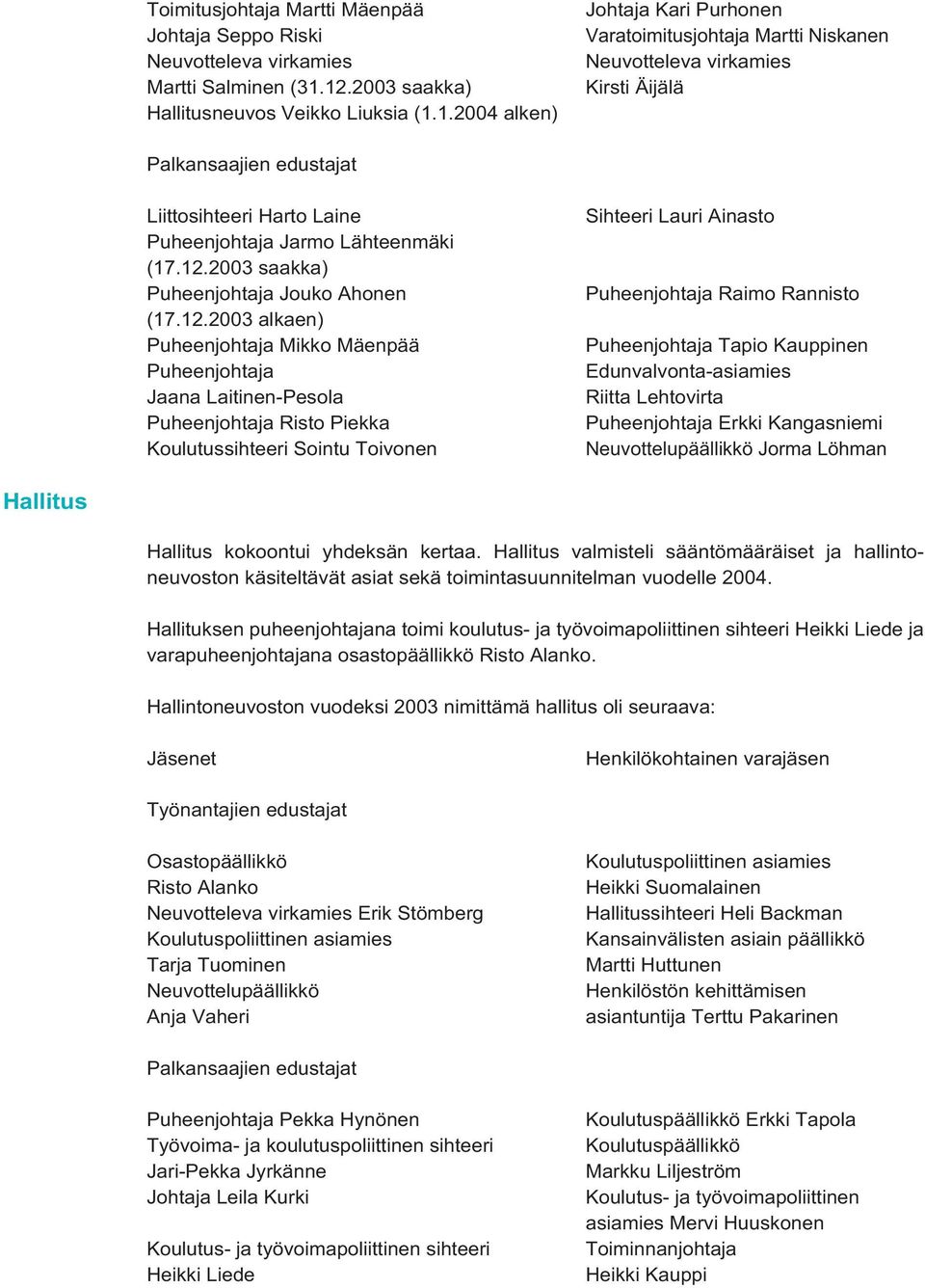 12.2003 saakka) Puheenjohtaja Jouko Ahonen (17.12.2003 alkaen) Puheenjohtaja Mikko Mäenpää Puheenjohtaja Jaana Laitinen-Pesola Puheenjohtaja Risto Piekka Koulutussihteeri Sointu Toivonen Sihteeri