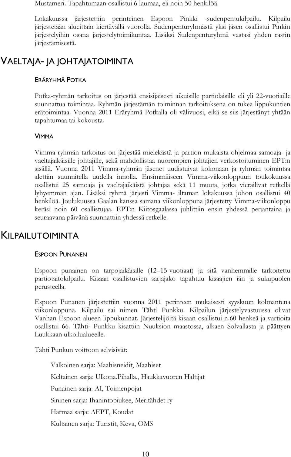 VAELTAJA- JA JOHTAJATOIMINTA ERÄRYHMÄ POTKA Potka-ryhmän tarkoitus on järjestää ensisijaisesti aikuisille partiolaisille eli yli 22-vuotiaille suunnattua toimintaa.