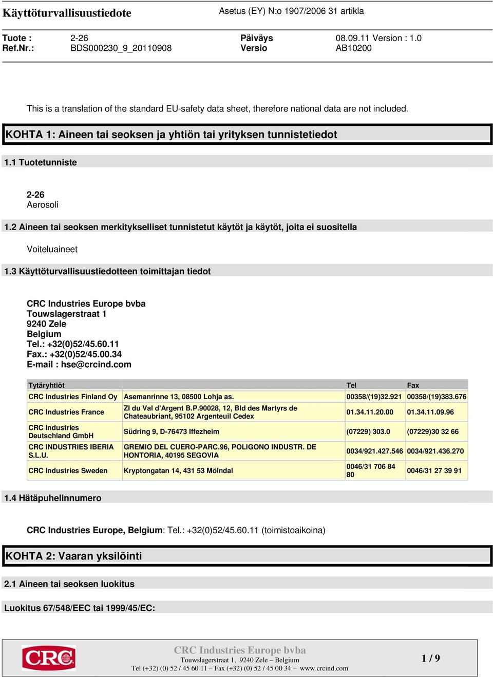 3 Käyttöturvallisuustiedotteen toimittajan tiedot Touwslagerstraat 1 9240 Zele Belgium Tel.: +32(0)52/45.60.11 Fax.: +32(0)52/45.00.34 E-mail : hse@crcind.