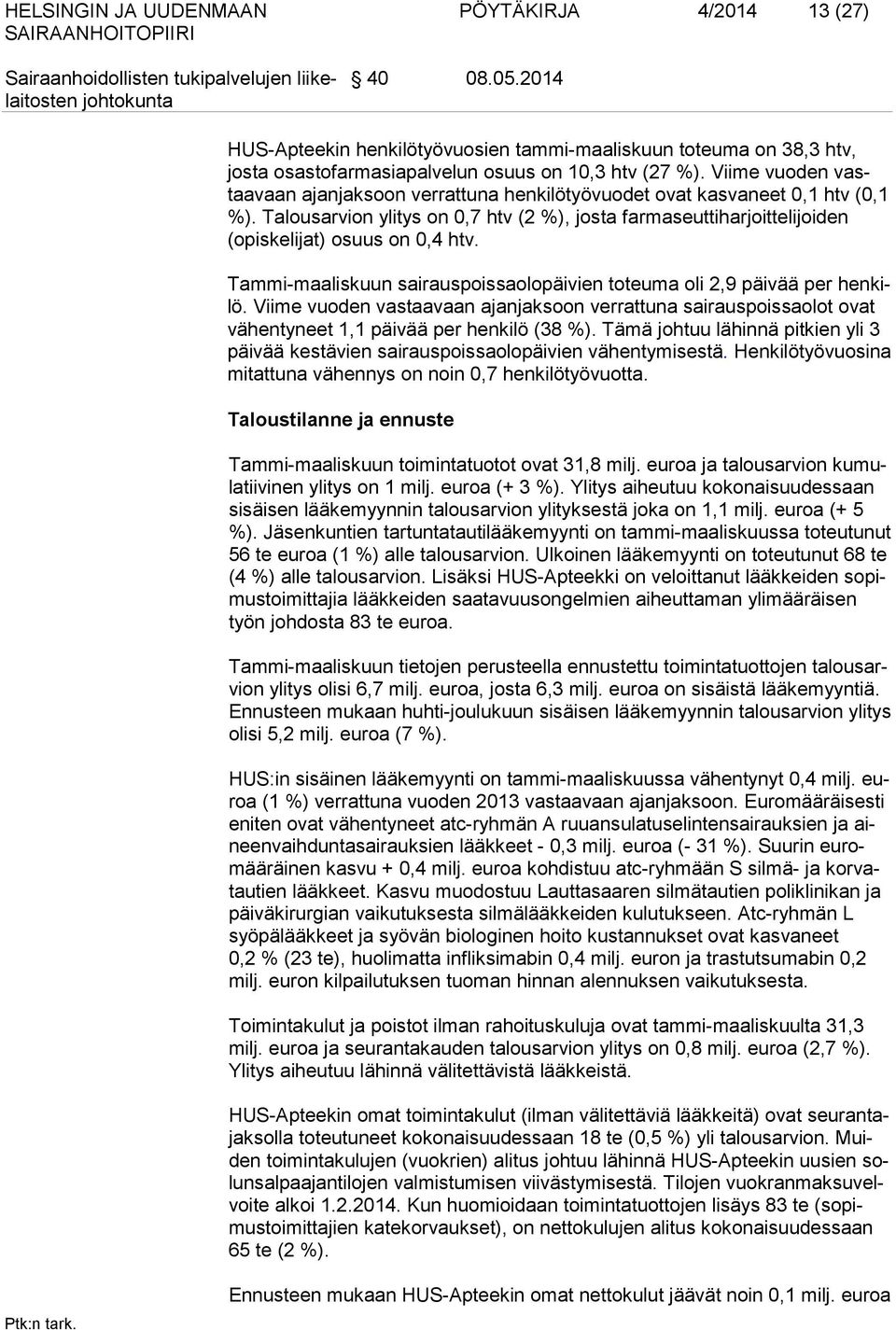Tammi-maaliskuun sairauspoissaolopäivien toteuma oli 2,9 päivää per henkilö. Viime vuoden vastaavaan ajanjaksoon verrattuna sairauspoissaolot ovat vähentyneet 1,1 päivää per henkilö (38 %).