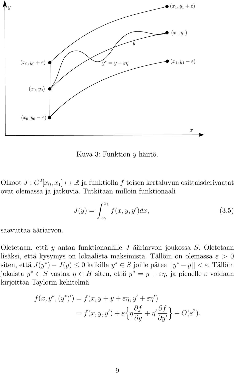 J(y) = x1 x 0 f(x, y, y )dx, (3.5) Oletetaan, että y antaa funktionaalille J ääriarvon joukossa S. Oletetaan lisäksi, että kysymys on lokaalista maksimista.