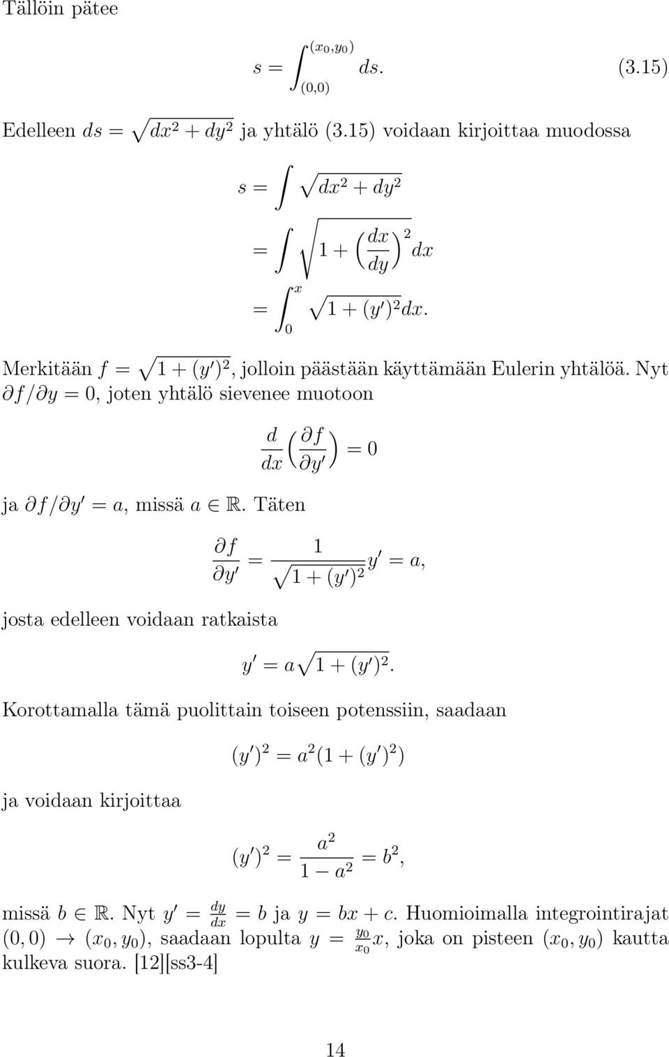 Täten f y = josta edelleen voidaan ratkaista d ( f ) = 0 dx y 1 1 + (y ) 2 y = a, y = a 1 + (y ) 2.