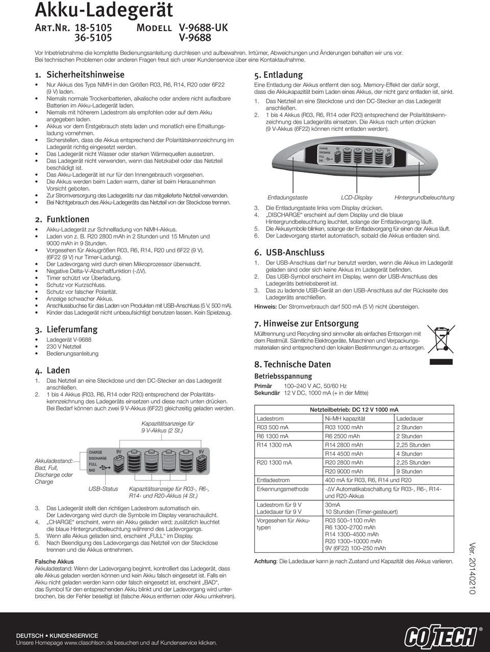 Sicherheitshinweise Nur Akkus des Typs NiMH in den Größen R03, R6, R14, R20 oder 6F22 (9 V) laden.