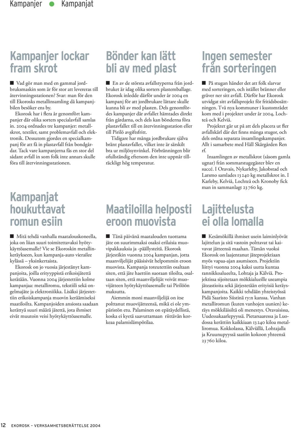 2004 ordnades tre kampanjer: metallskrot, textiler, samt problemavfall och elektronik. Dessutom gjordes en specialkampanj för att få in plastavfall från bondgårdar.