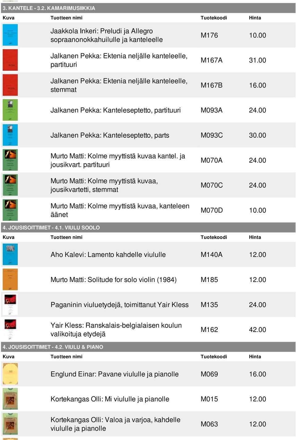 00 M167A 31.00 M167B 16.00 Jalkanen Pekka: Kanteleseptetto, M093A 24.00 Jalkanen Pekka: Kanteleseptetto, parts M093C 30.00 Murto Matti: Kolme myyttistä kuvaa kantel. ja jousikvart.