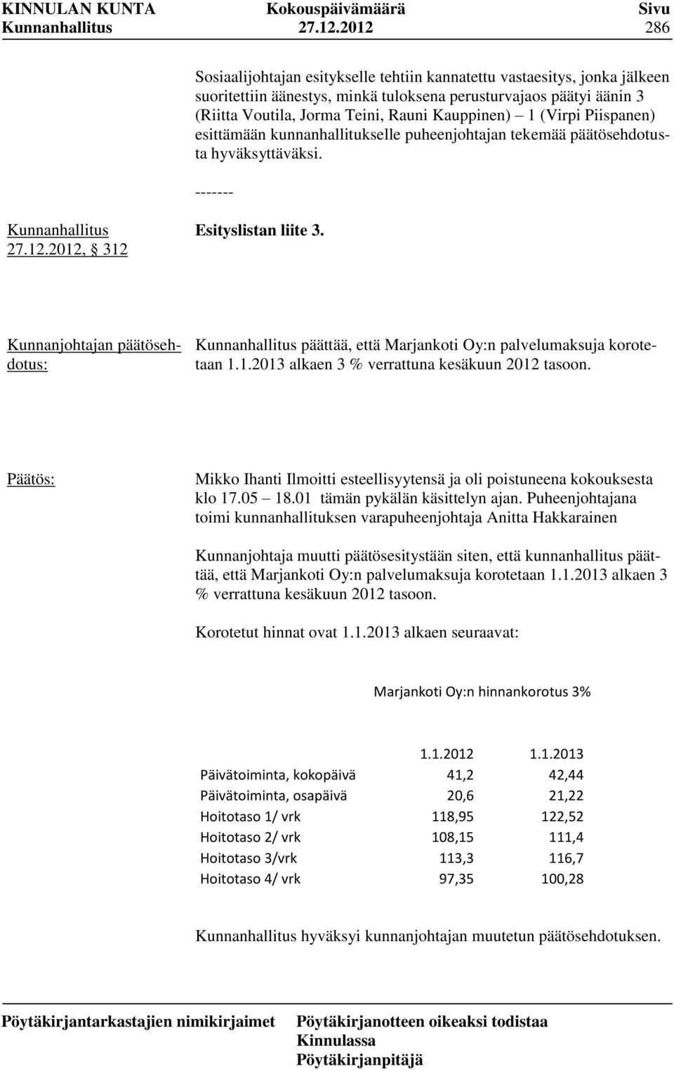 1 (Virpi Piispanen) esittämään kunnanhallitukselle puheenjohtajan tekemää päätösehdotusta hyväksyttäväksi. ------- 2012, 312 Esityslistan liite 3.