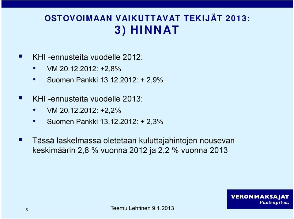 12.2012: +2,2% Suomen Pankki 13.12.2012: + 2,3% Tässä laskelmassa oletetaan