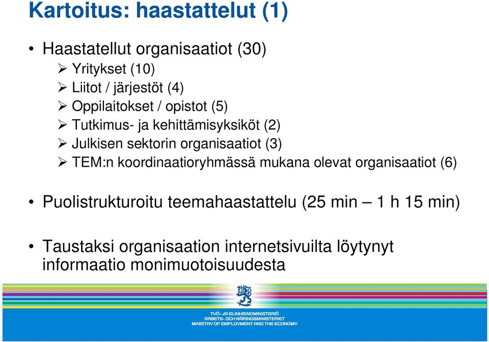 (3) TEM:n koordinaatioryhmässä mukana olevat organisaatiot (6) Puolistrukturoitu teemahaastattelu