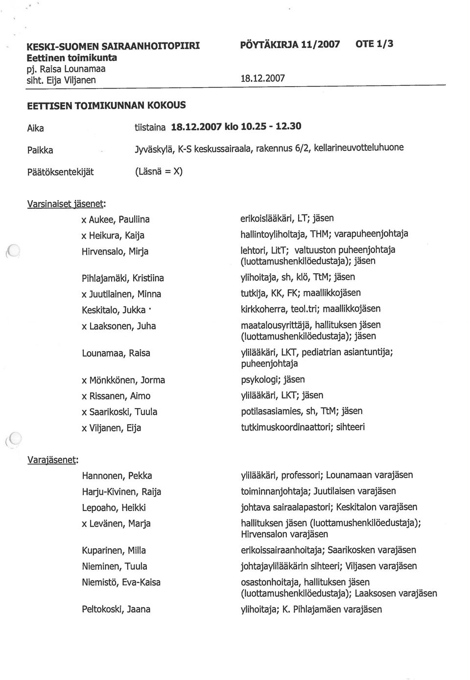 Pihlajamäen varajäsen x Heikura, Kaija x Saarikoski, Tuula x Viijanen, Eija x Levänen, Maria Hannonen, Pekka Varajäsenet: x Laaksonen, Juha Varsinaiset jäsenet: OTE 1/3 KESKI-SUOMEN SAIRAANHOITOPIIRI