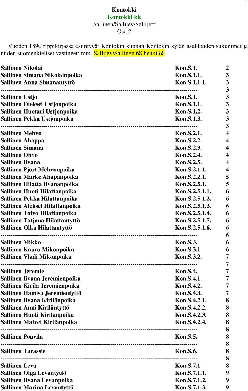 2. 3 Sallinen Pekka Ustjonpoika 1.3. 3 3 Sallinen Mehvo 2.1. 4 Sallinen Ahappa 2.2. 4 Sallinen Simana 2.3. 4 Sallinen Ohvo 2.4. 4 Sallinen Iivana 2.5. 4 Sallinen Pjort Mehvonpoika 2.1.1. 4 Sallinen Marke Ahapanpoika 2.