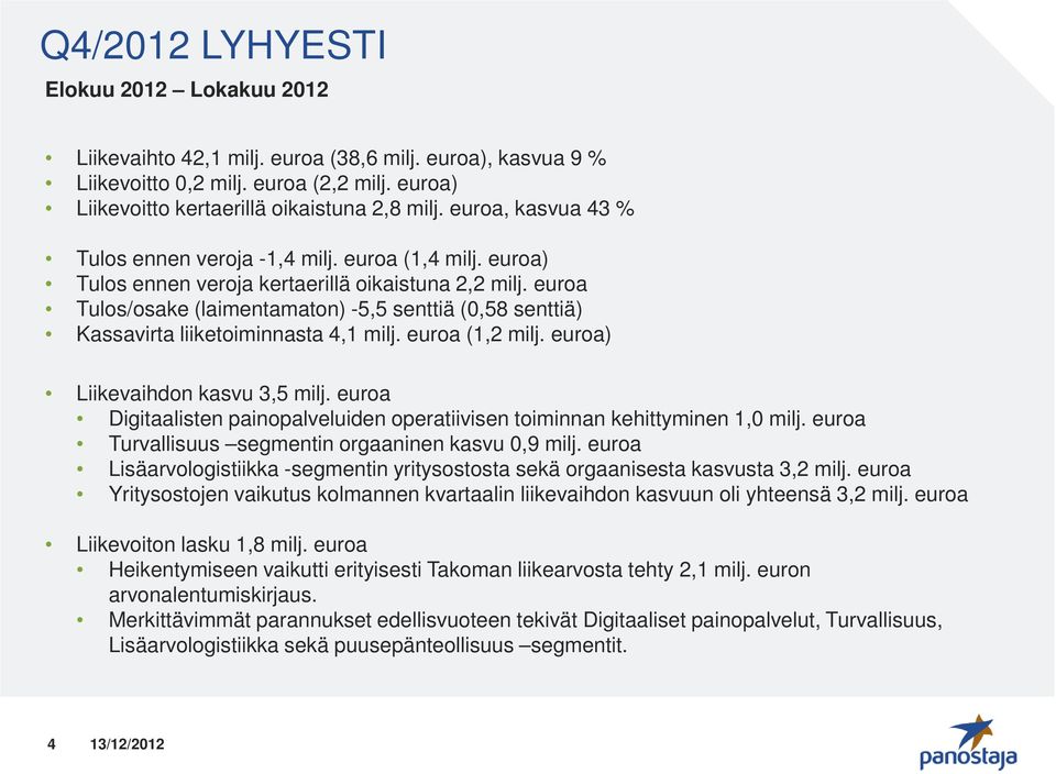 euroa Tulos/osake (laimentamaton) -5,5 senttiä (0,58 senttiä) Kassavirta liiketoiminnasta 4,1 milj. euroa (1,2 milj. euroa) Liikevaihdon kasvu 3,5 milj.