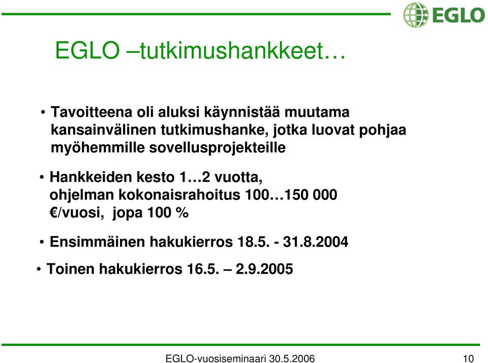 1 2 vuotta, ohjelman kokonaisrahoitus 100 150 000 /vuosi, jopa 100 % Ensimmäinen
