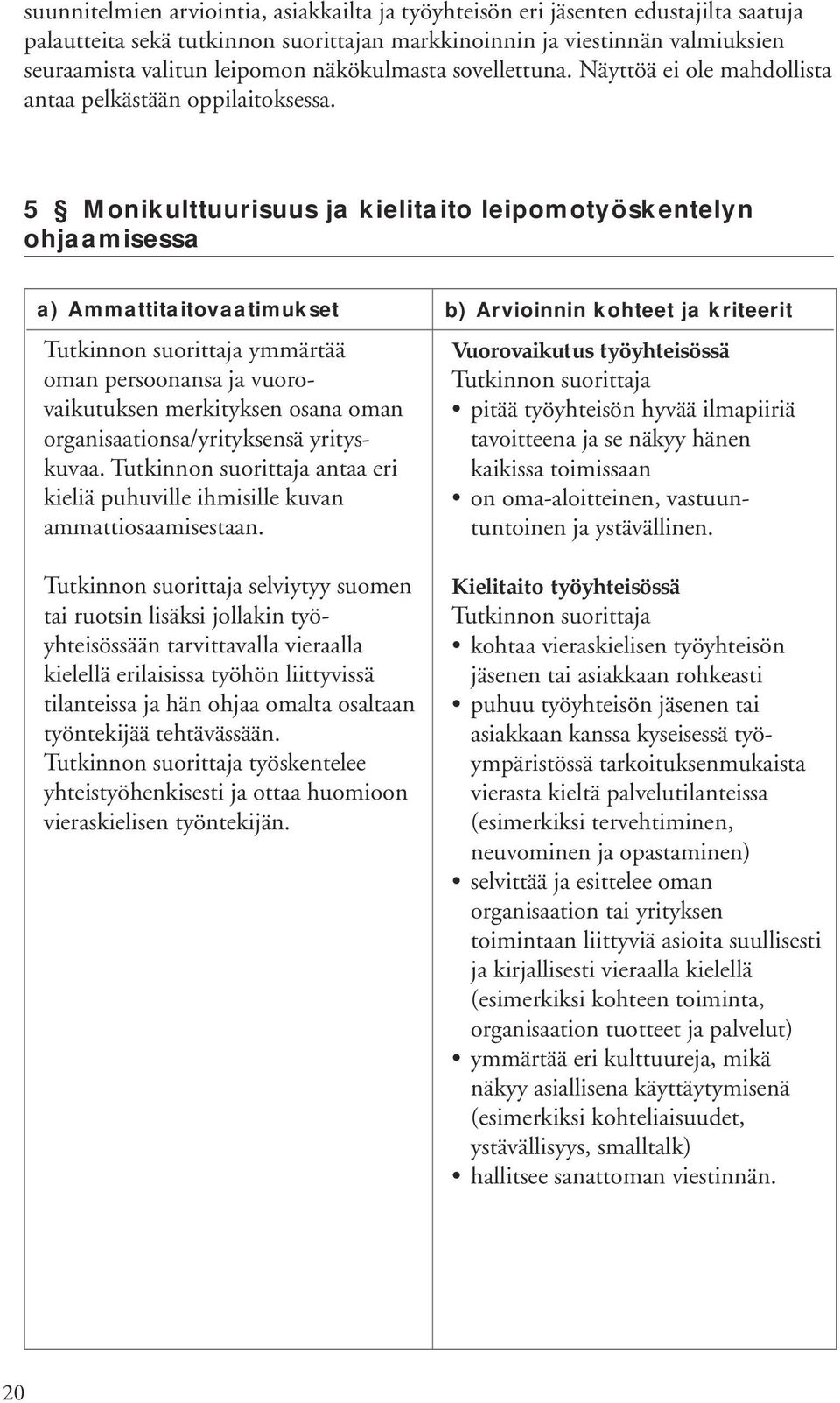 5 Monikulttuurisuus ja kielitaito leipomotyöskentelyn ohjaamisessa a) Ammattitaitovaatimukset ymmärtää oman persoonansa ja vuorovaikutuksen merkityksen osana oman organisaationsa/yrityksensä