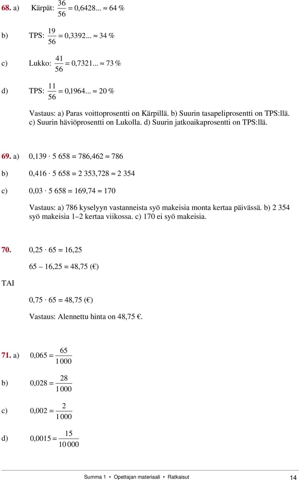 a) 0,19 5 658 786,6 786 b) 0,16 5 658 5,78 5 c) 0,0 5 658 169,7 170 Vastaus: a) 786 kyselyyn vastanneista syö makeisia monta kertaa päivässä.