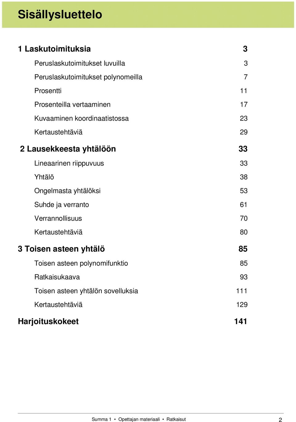 Ongelmasta yhtälöksi 5 Suhde ja verranto 61 Verrannollisuus 70 Kertaustehtäviä 80 Toisen asteen yhtälö 85 Toisen asteen