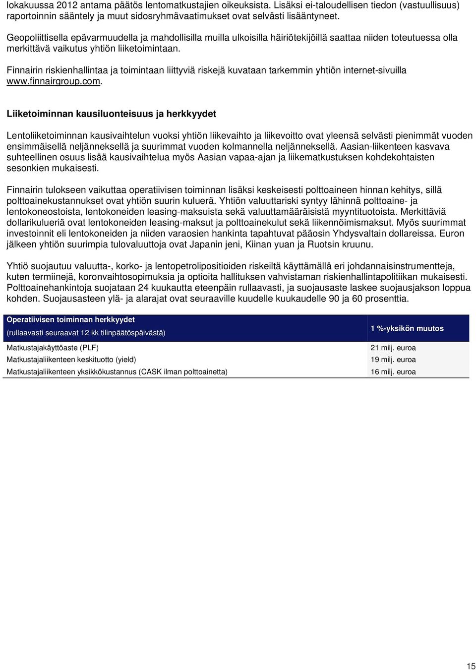 Finnairin riskienhallintaa ja toimintaan liittyviä riskejä kuvataan tarkemmin yhtiön internet-sivuilla www.finnairgroup.com.