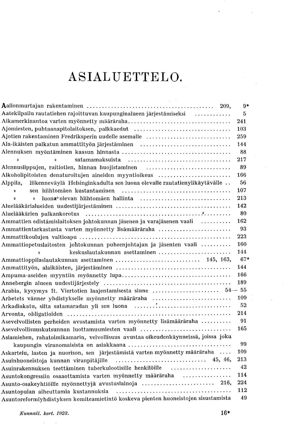 103 Ajotien rakentaminen Fredriksperin uudelle asemalle 259 Ala-ikäisten palkatun ammattityön järjestäminen 144 Alennuksen myöntäminen kaasun hinnasta 88»» satamamaksuista 217 Alennuslippujen,