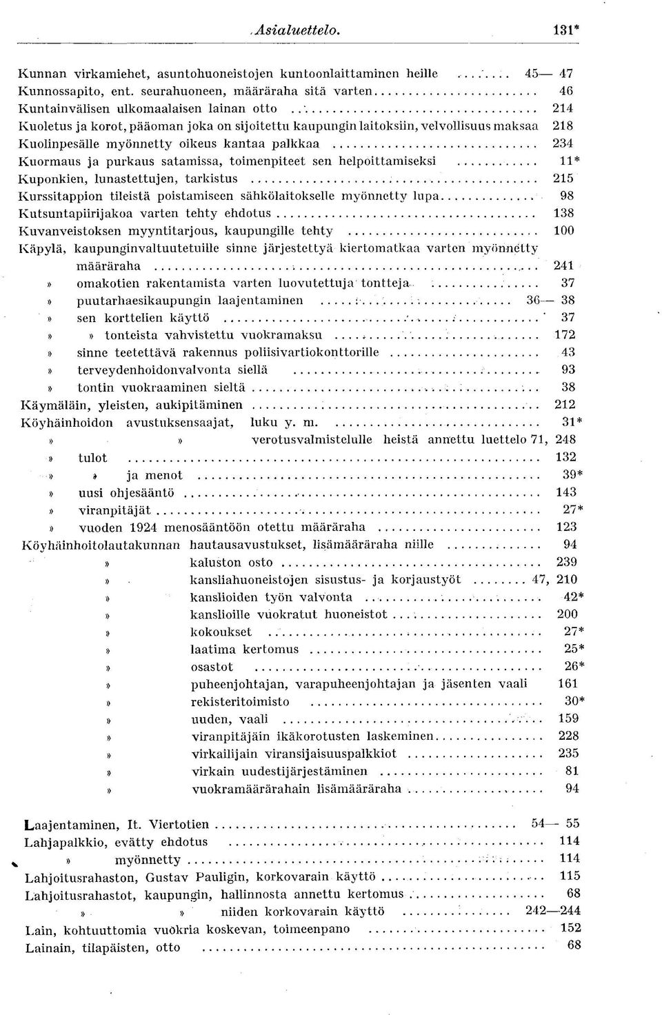 helpoittamiseksi 11* Kuponkien, lunastettujen, tarkistus 215 Kurssitappion tileistä poistamiseen sähkölaitokselle myönnetty lupa 98 Kutsuntapiirijakoa varten tehty ehdotus 138 Kuvanveistoksen