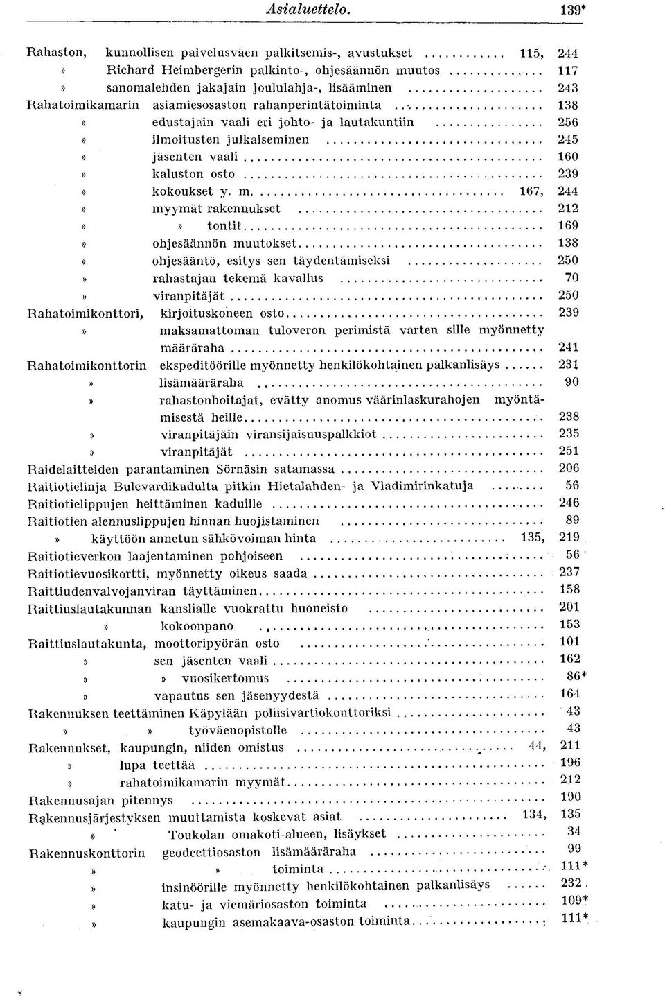 m 167, 244» myymät rakennukset 212»» tontit 169» ohjesäännön muutokset 138» ohjesääntö, esitys sen täydentämiseksi 250» rahastajan tekemä kavallus 70» viranpitäjät 250 Rahatoimikonttori,