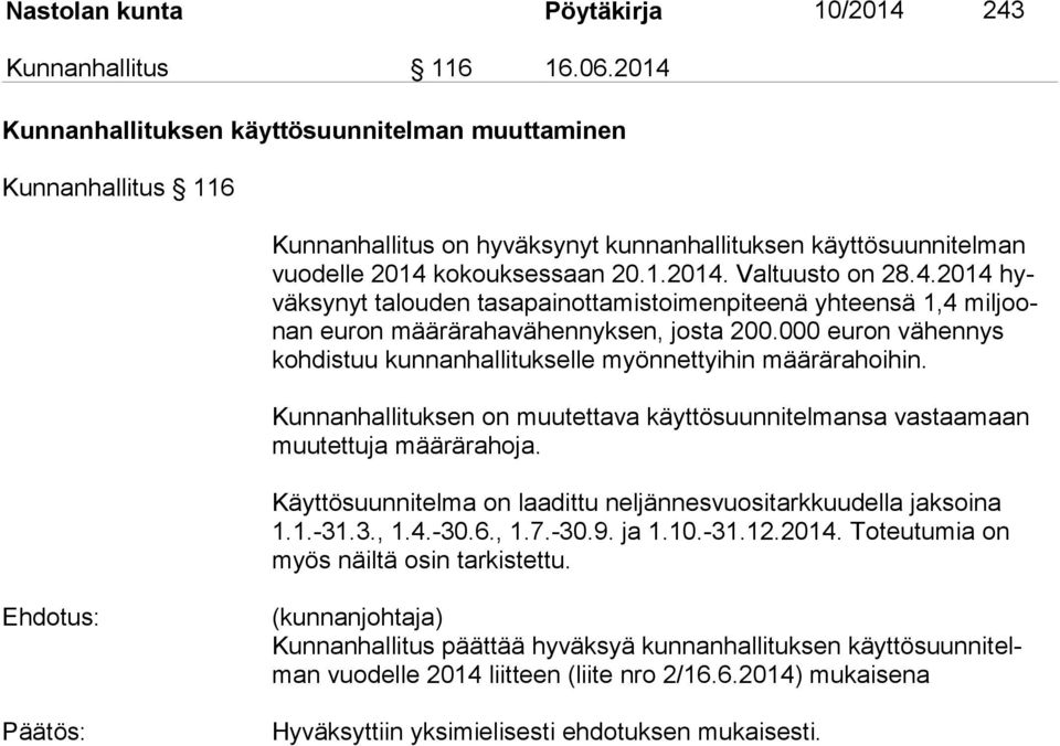 000 euron vähennys koh dis tuu kunnanhallitukselle myönnettyihin määrärahoihin. Kunnanhallituksen on muutettava käyttösuunnitelmansa vastaamaan muu tet tu ja määrärahoja.