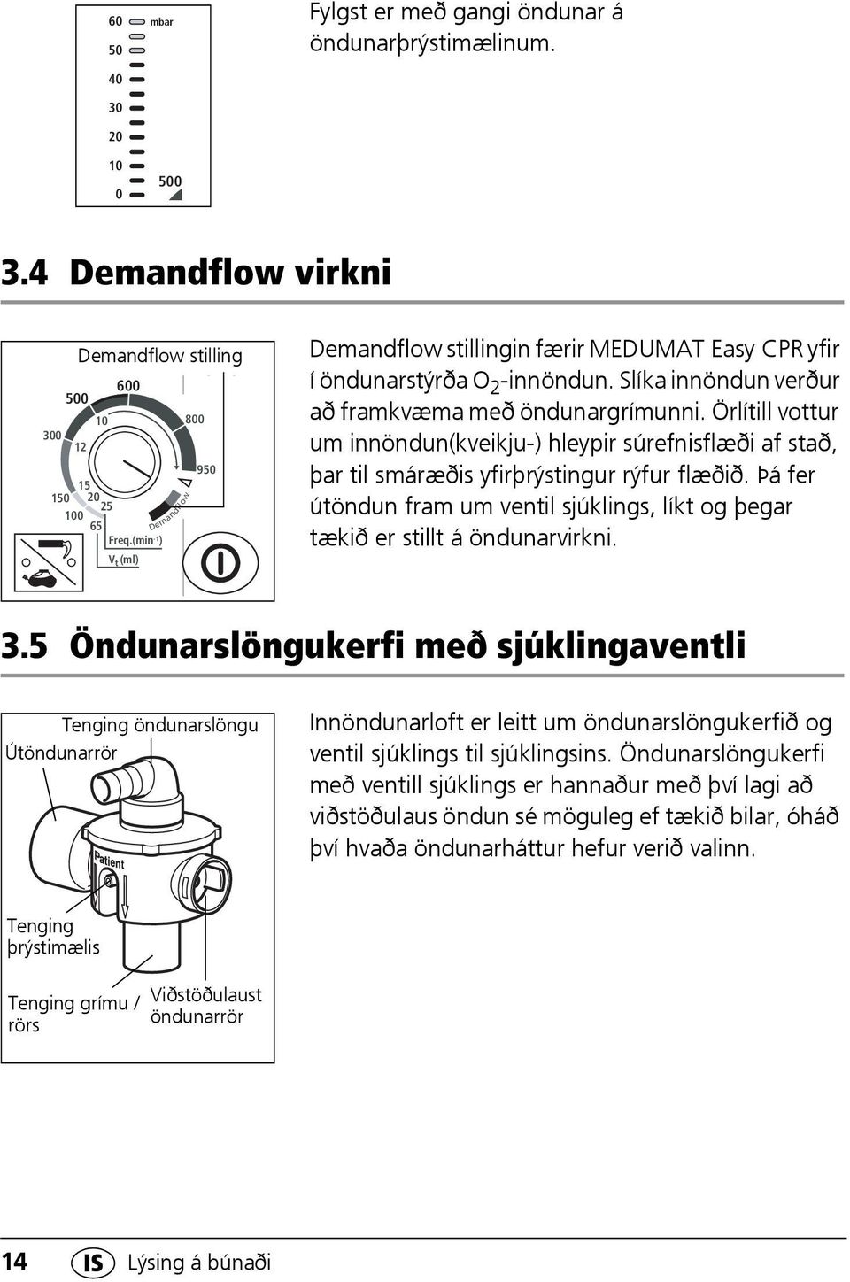 Örlítill vottur um innöndun(kveikju-) hleypir súrefnisflæði af stað, þar til smáræðis yfirþrýstingur rýfur flæðið.