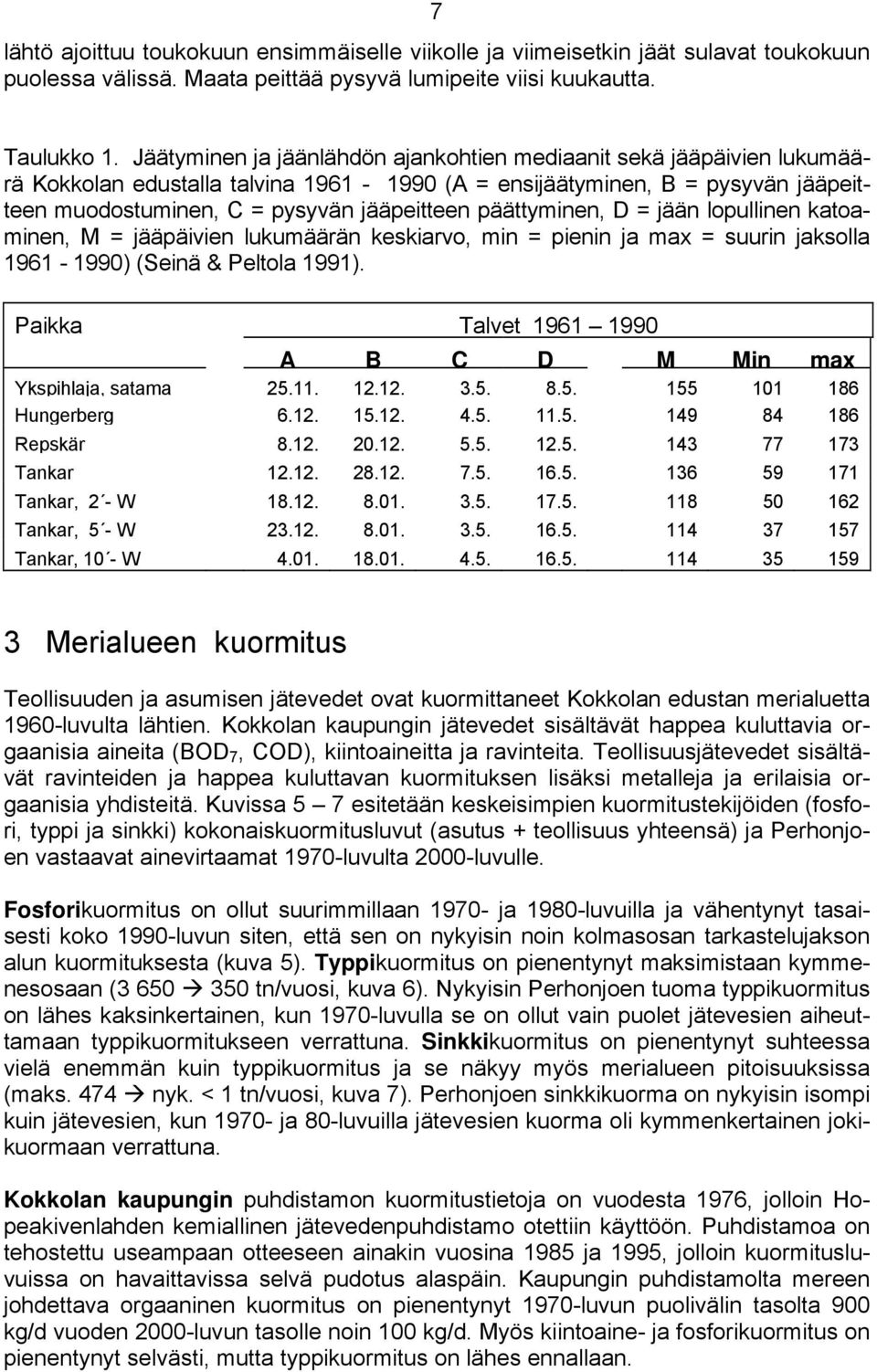 päättyminen, D = jään lopullinen katoaminen, M = jääpäivien lukumäärän keskiarvo, min = pienin ja max = suurin jaksolla 1961-199) (Seinä & Peltola 1991).