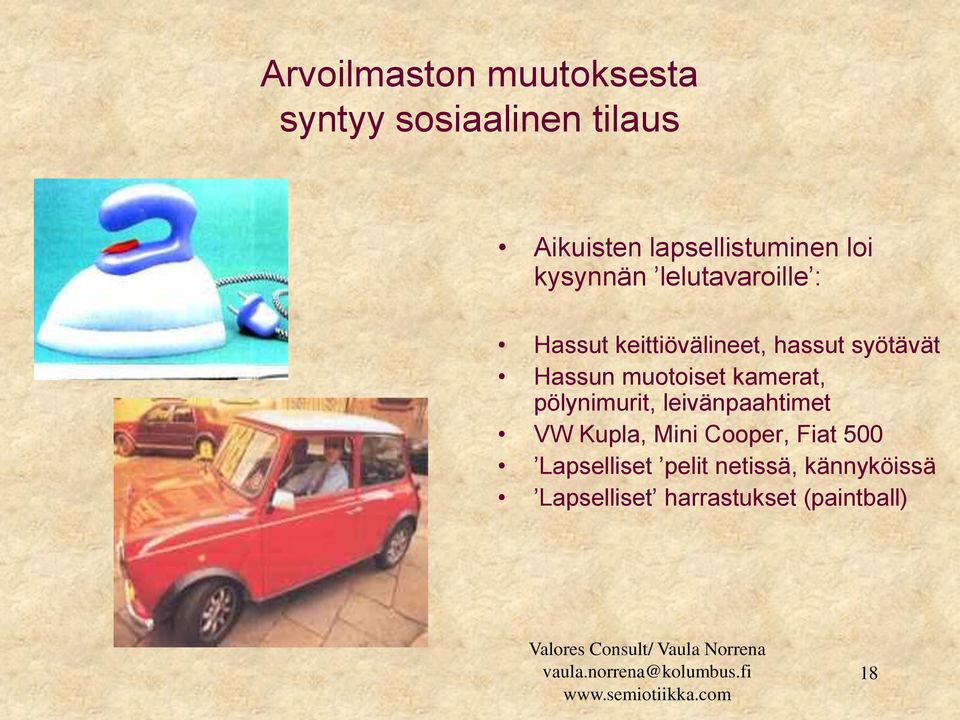 muotoiset kamerat, pölynimurit, leivänpaahtimet VW Kupla, Mini Cooper, Fiat