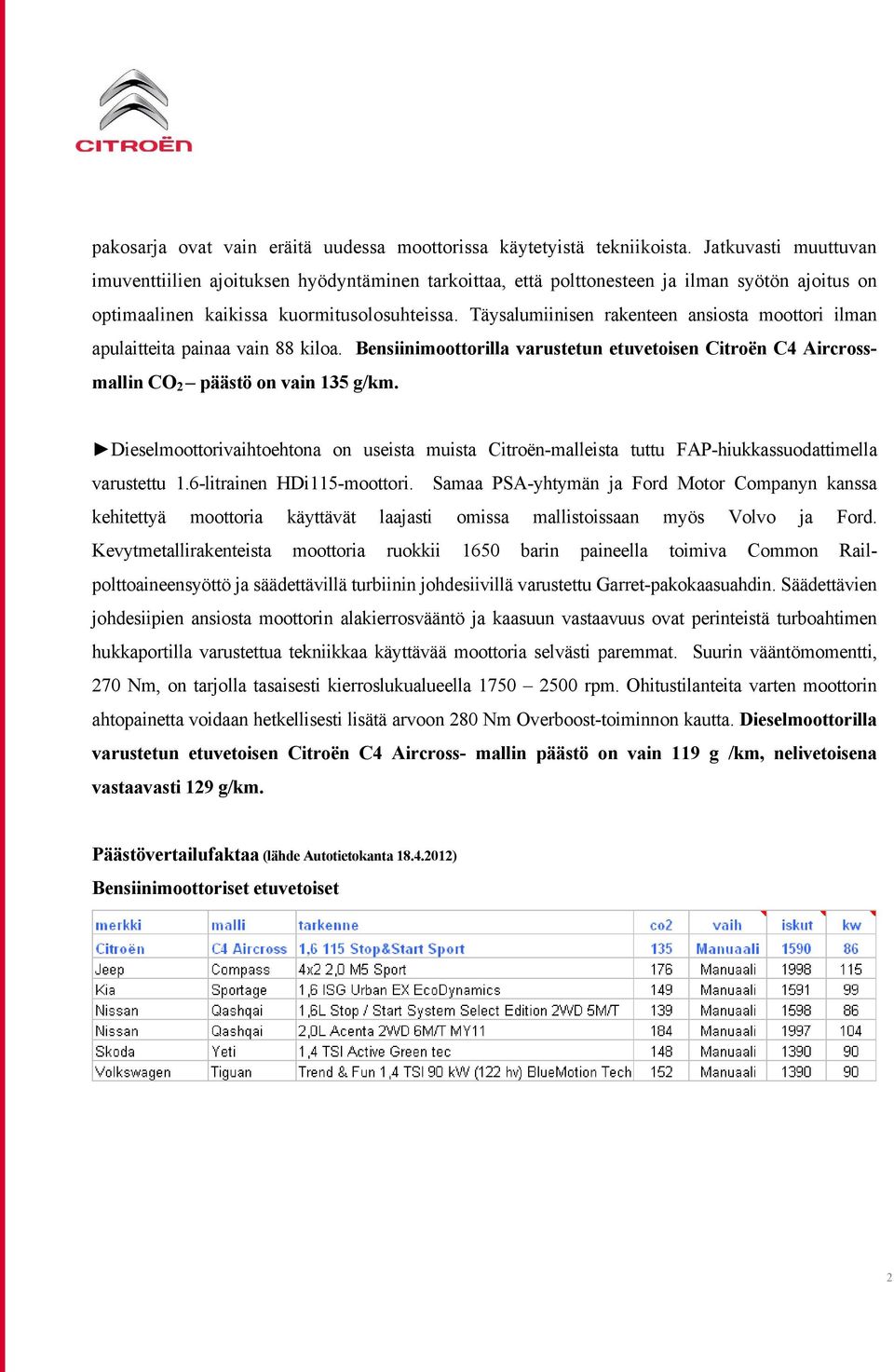 Täysalumiinisen rakenteen ansiosta moottori ilman apulaitteita painaa vain 88 kiloa. Bensiinimoottorilla varustetun etuvetoisen Citroën C4 Aircrossmallin CO 2 päästö on vain 135 g/km.