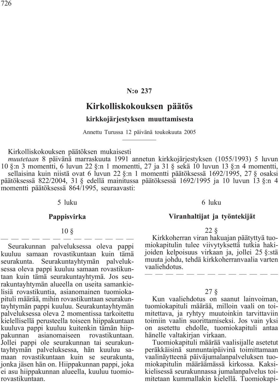 27 osaksi päätöksessä 822/2004, 31 edellä mainitussa päätöksessä 1692/1995 ja 10 luvun 13 :n 4 momentti päätöksessä 864/1995, seuraavasti: 5 luku Pappisvirka 10 Seurakunnan palveluksessa oleva pappi