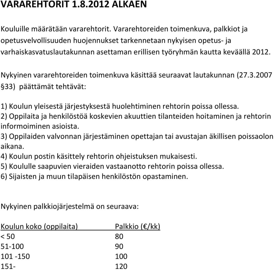 Nykyinen vararehtoreiden toimenkuva käsittää seuraavat lautakunnan (27.3.2007 33) päättämät tehtävät: 1) Koulun yleisestä järjestyksestä huolehtiminen rehtorin poissa ollessa.