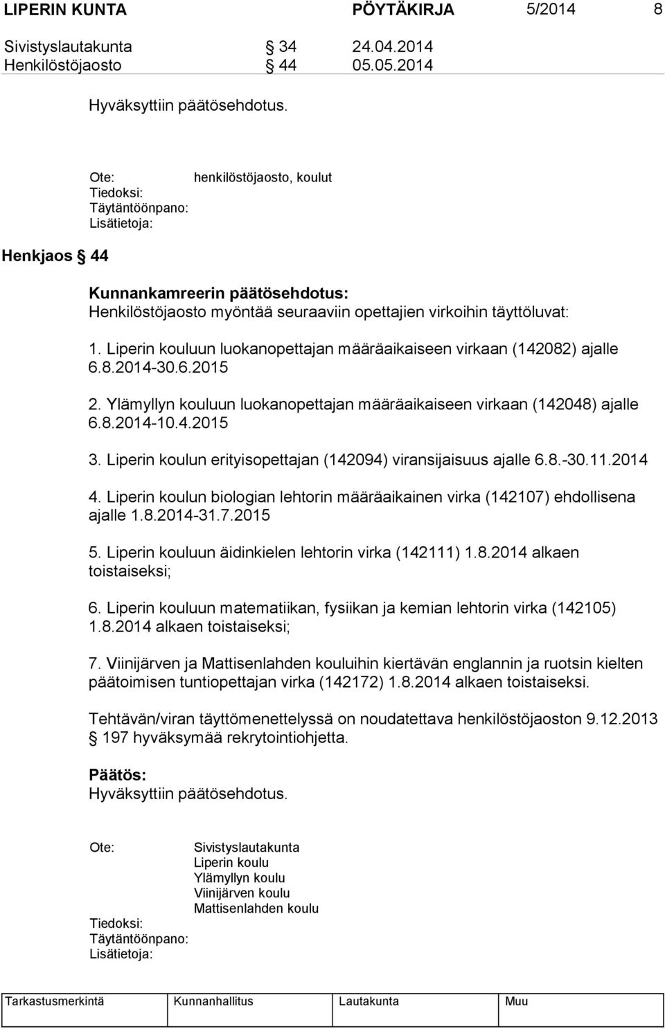 Liperin kouluun luokanopettajan määräaikaiseen virkaan (142082) ajalle 6.8.2014-30.6.2015 2. Ylämyllyn kouluun luokanopettajan määräaikaiseen virkaan (142048) ajalle 6.8.2014-10.4.2015 3.