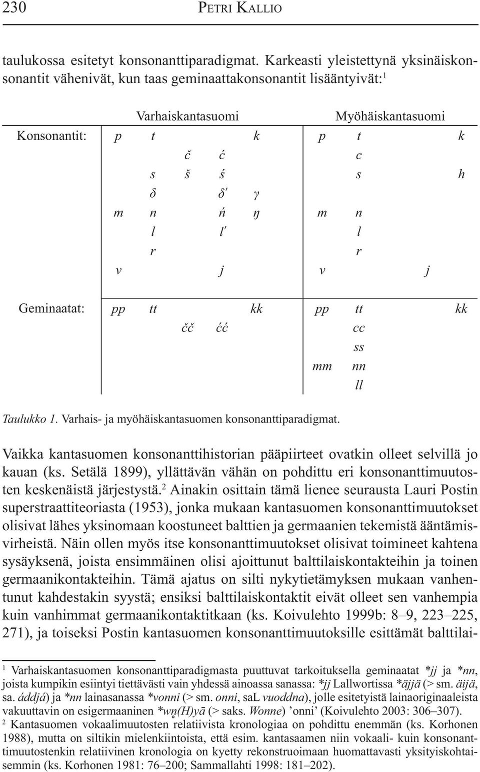 Geminaatat: pp tt kk pp tt kk cc ss mm nn ll Taulukko 1. Varhais- ja myöhäiskantasuomen konsonanttiparadigmat. Vaikka kantasuomen konsonanttihistorian pääpiirteet ovatkin olleet selvillä jo kauan (ks.