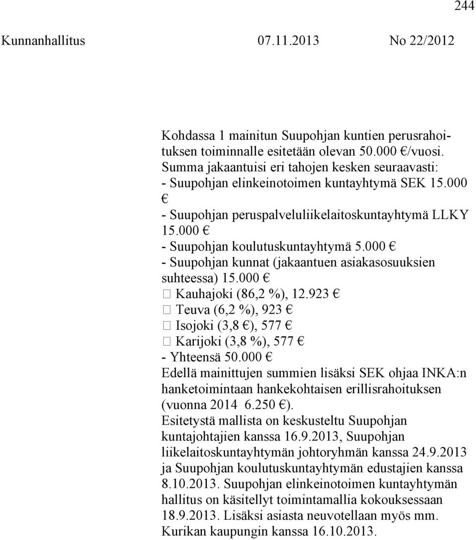 000 - Suupohjan kunnat (jakaantuen asiakasosuuksien suhteessa) 15.000 Kauhajoki (86,2 %), 12.923 Teuva (6,2 %), 923 Isojoki (3,8 ), 577 Karijoki (3,8 %), 577 - Yhteensä 50.