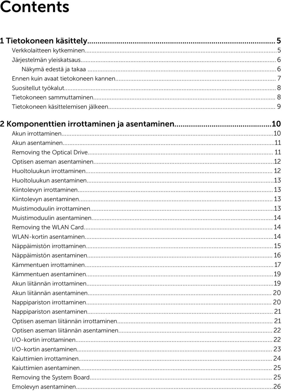 .. 11 Optisen aseman asentaminen...12 Huoltoluukun irrottaminen... 12 Huoltoluukun asentaminen...13 Kiintolevyn irrottaminen... 13 Kiintolevyn asentaminen... 13 Muistimoduulin irrottaminen.