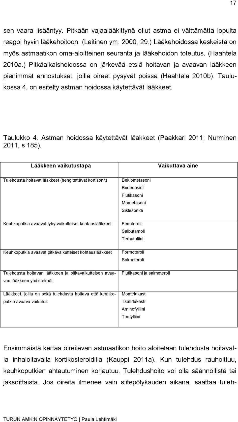 ) Pitkäaikaishoidossa on järkevää etsiä hoitavan ja avaavan lääkkeen pienimmät annostukset, joilla oireet pysyvät poissa (Haahtela 2010b). Taulukossa 4.