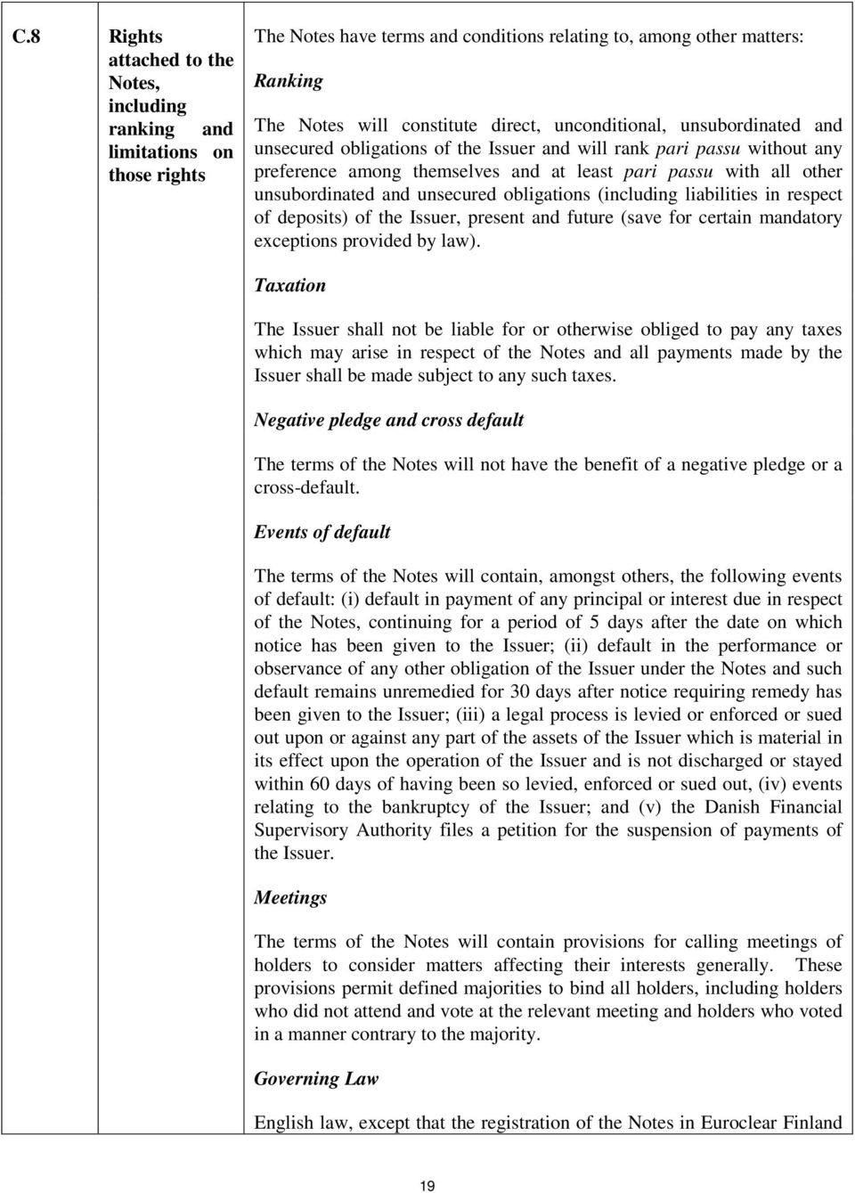 unsecured obligations (including liabilities in respect of deposits) of the Issuer, present and future (save for certain mandatory exceptions provided by law).