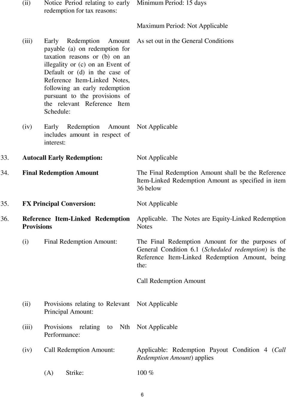 (iv) Early Redemption Amount includes amount in respect of interest: As set out in the General Conditions Not Applicable 33. Autocall Early Redemption: Not Applicable 34.
