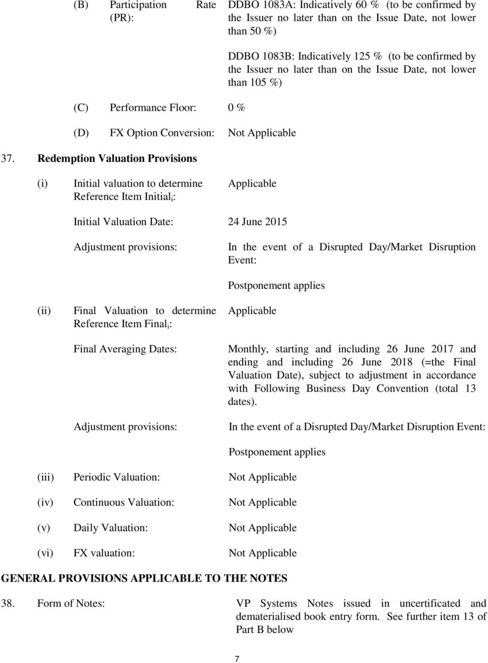 Redemption Valuation Provisions DDBO 1083B: Indicatively 125 % (to be confirmed by the Issuer no later than on the Issue Date, not lower than 105 %) (i) Initial valuation to determine Reference Item