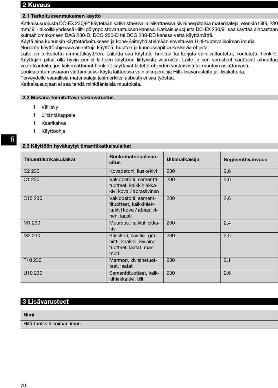 Hilti-pölynpoistovarustuksen kanssa. Katkaisusuojusta DC EX 230/9" saa käyttää ainoastaan kulmahiomakoneen DAG 230 D, DCG 230 D tai DCG 230 DB kanssa vettä käyttämättä.